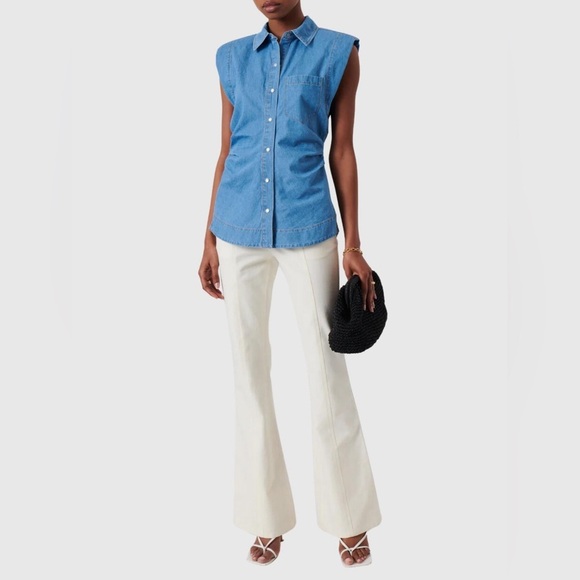 Derek Lam 10 Crosby Ivy Sleeveless Ruched Button Down Shirt Light Wash Denim 0 - Picture 2 of 10